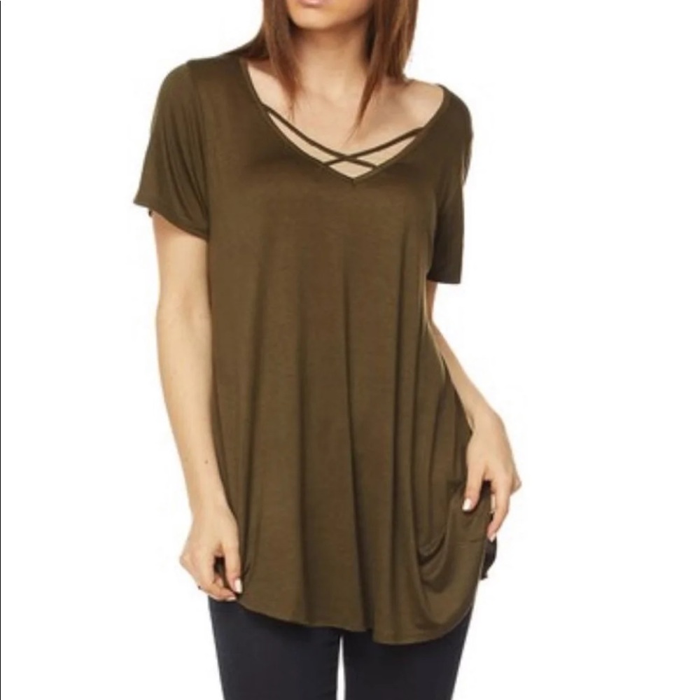 NEW Green Criss Cross Neckline Tunic Tee